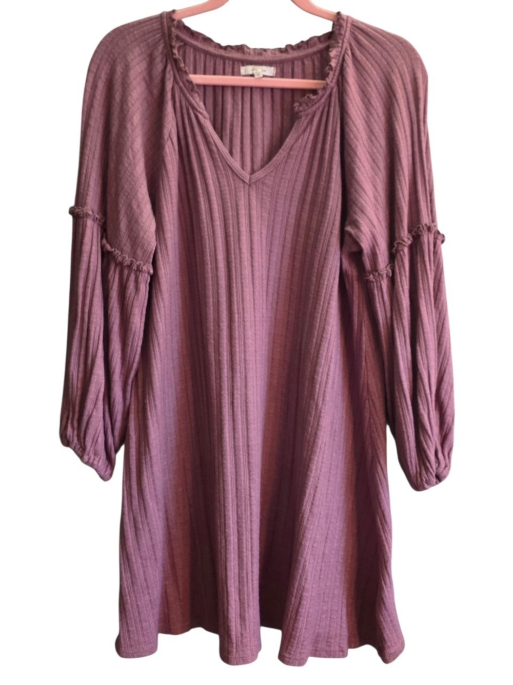 Maurices Boho Ribbed Knit Ruffle V-Neck Balloon Sleeve Tunic Dress Large Mauve
